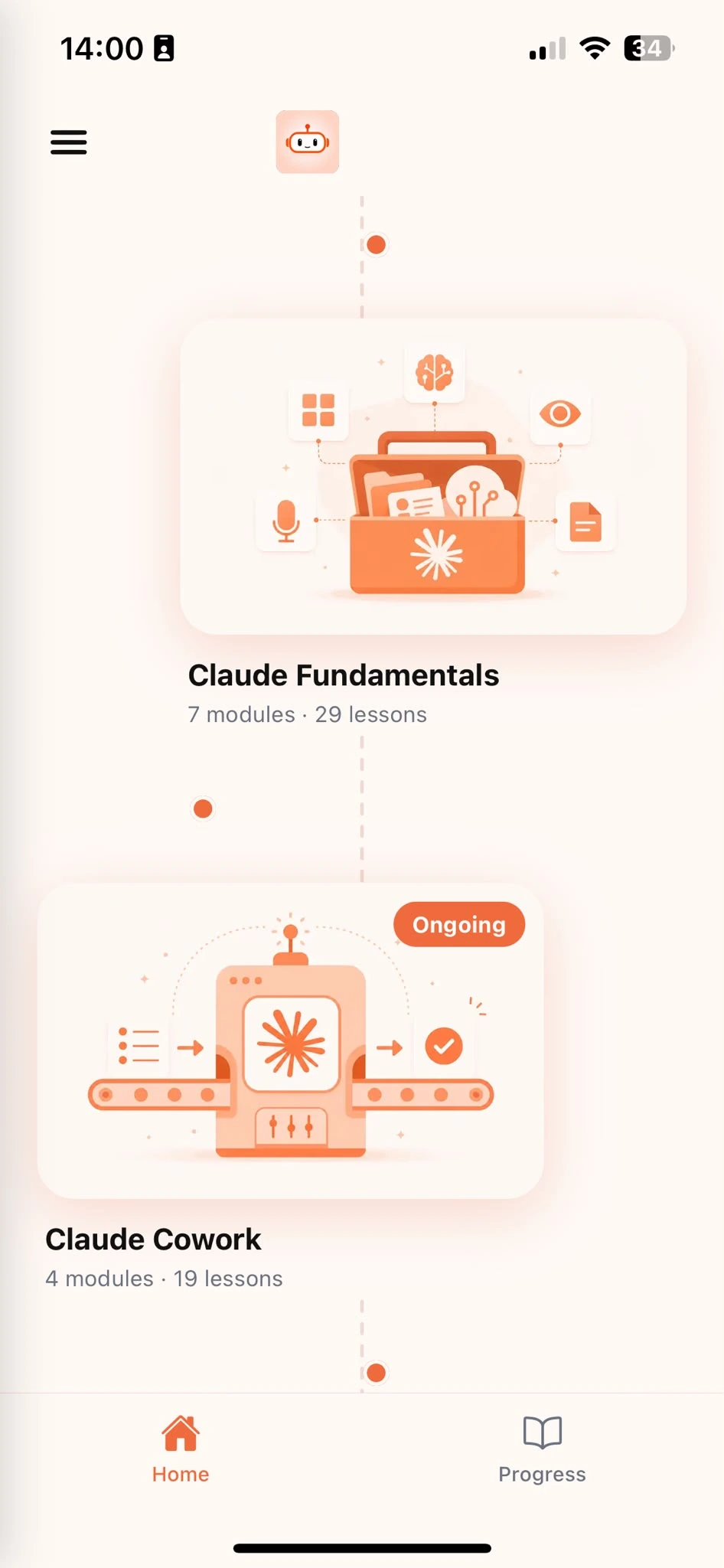 Browse Courses screen showing structured Claude lessons organized by topic