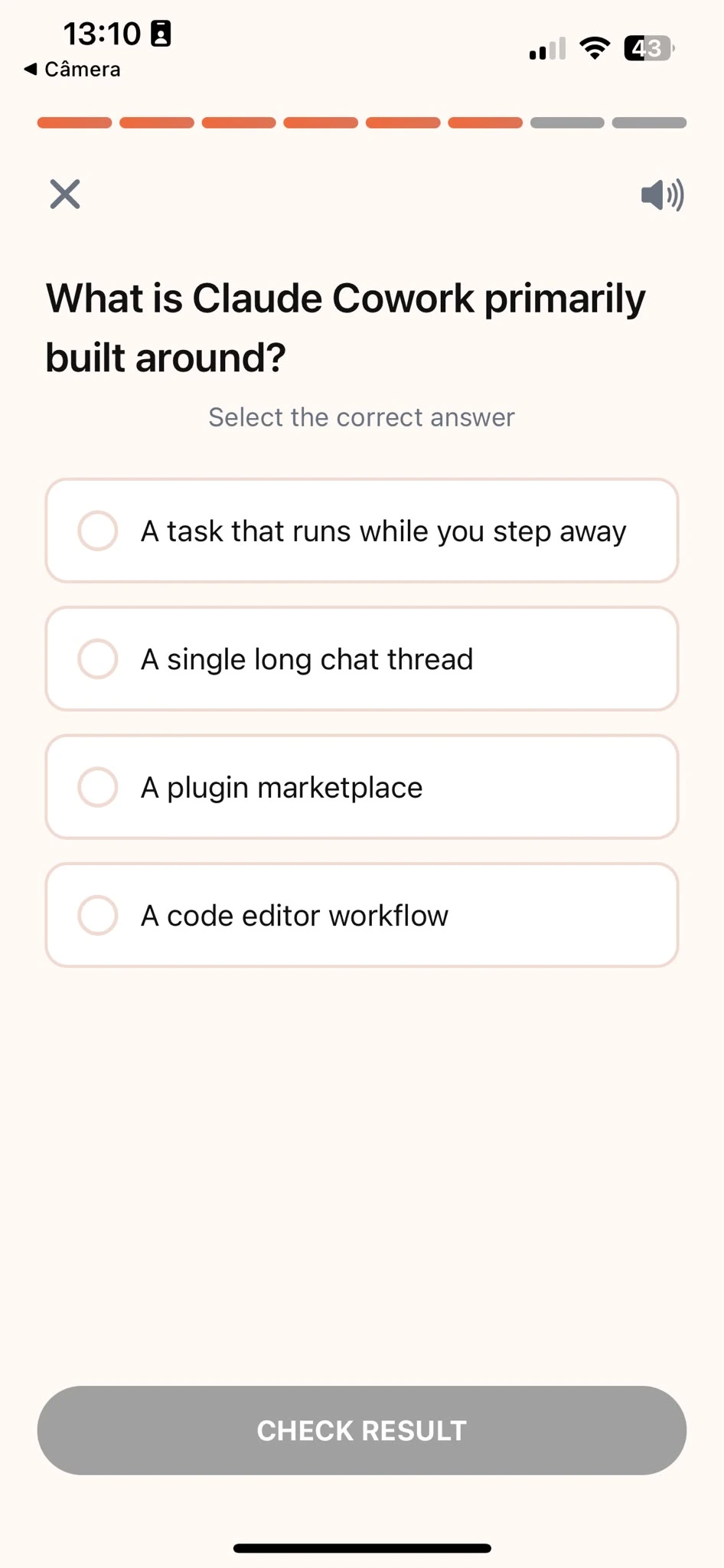 Quiz screen showing a practice question immediately after a lesson